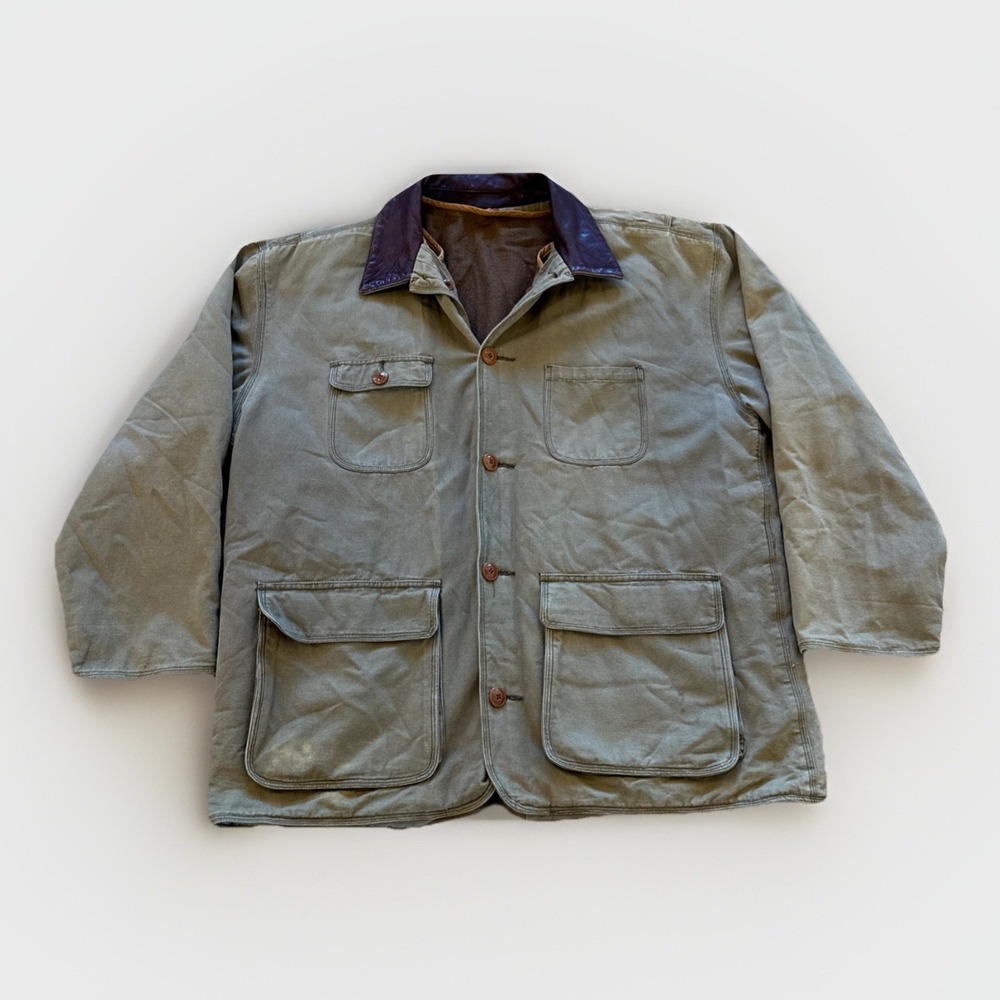 Vintage J Crew Chore Coat Mens L Oarsman Canvas Barn Jacket Leather Collar Field